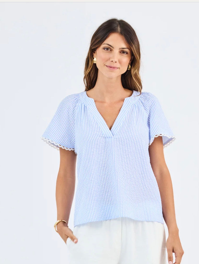 Mary Square Lori Top - Blue/White Seersucker