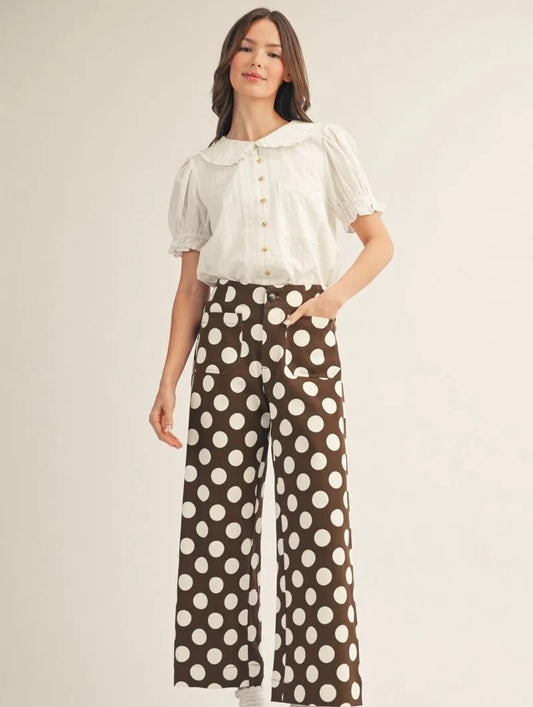 Jodifl-High waist wide let polka dot pants with pockets.