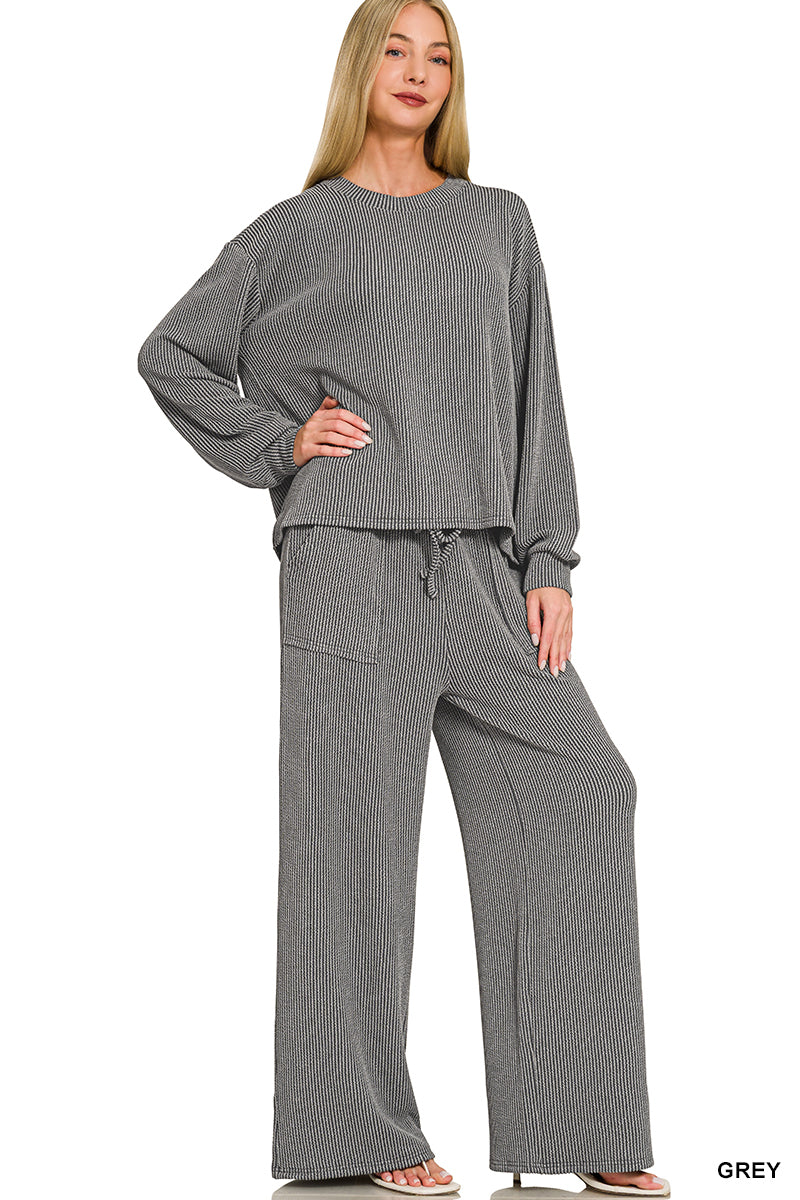 Zenana-Raised Rib pant set w/pockets
