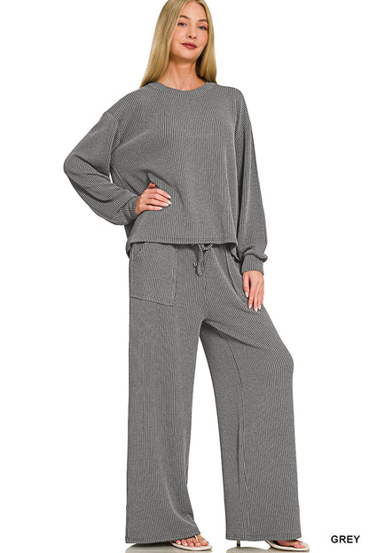 Zenana-Raised Rib pant set w/pockets