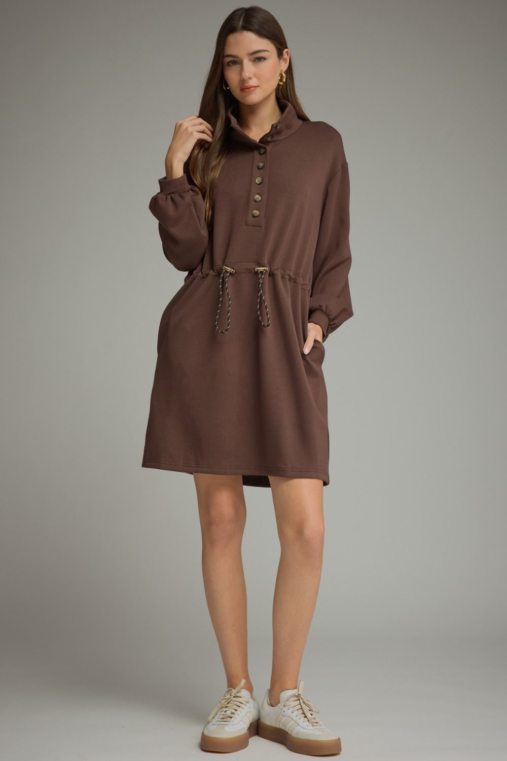 Entro-Solid long balloon sleeve mini dress.