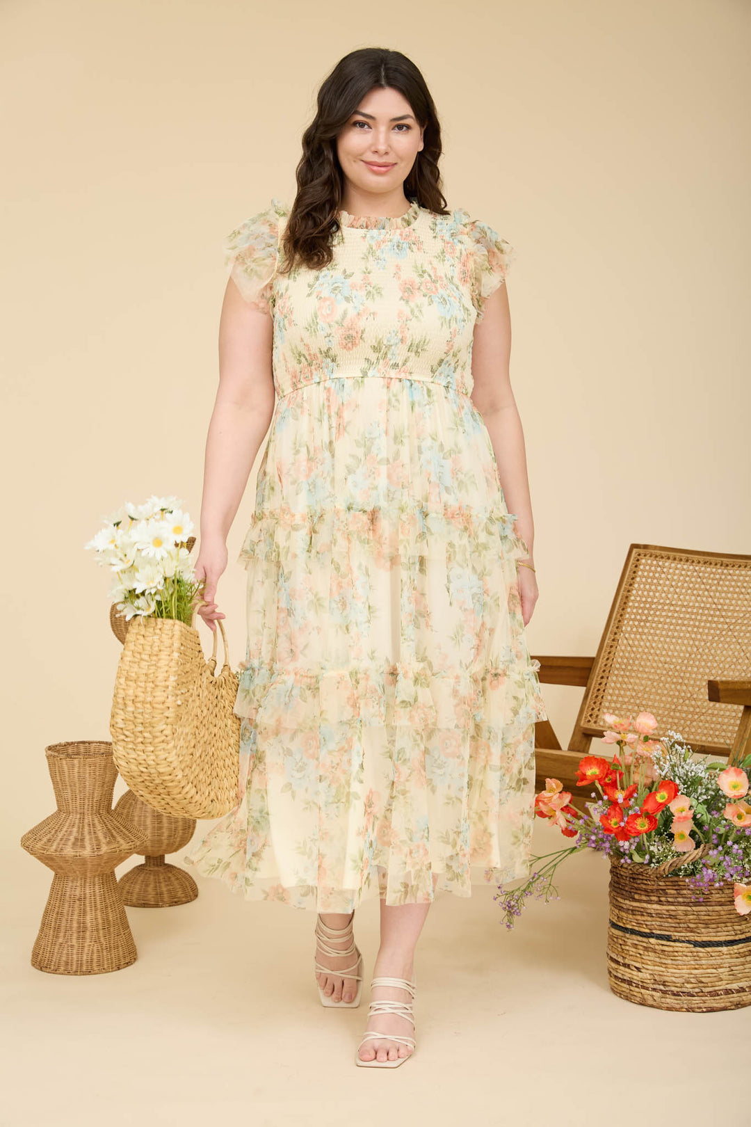PLUS Size Blu Pepper FLORAL TULLE PATTERN SMOCKED MIDI DRESS