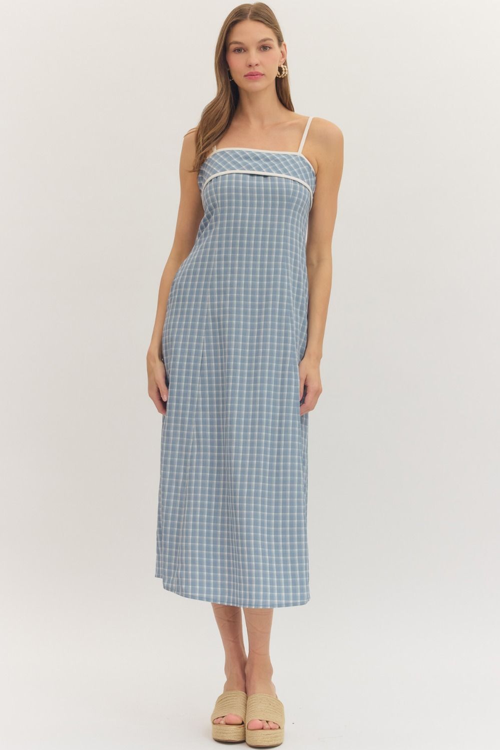 Entro-Gingham spaghetti strap midi dress