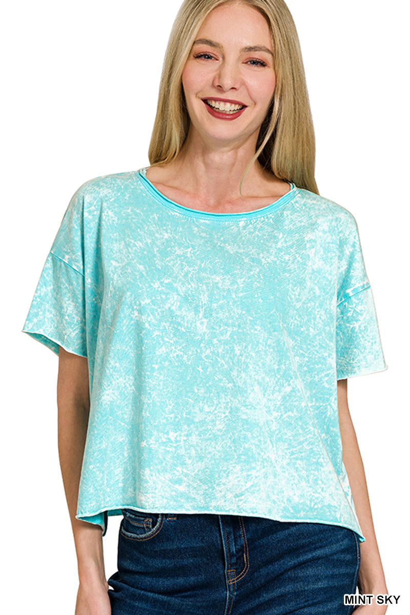 Zenana-CRINKLE WASHED CREW NECK SHORT SLEEVE CROP BOX TEE