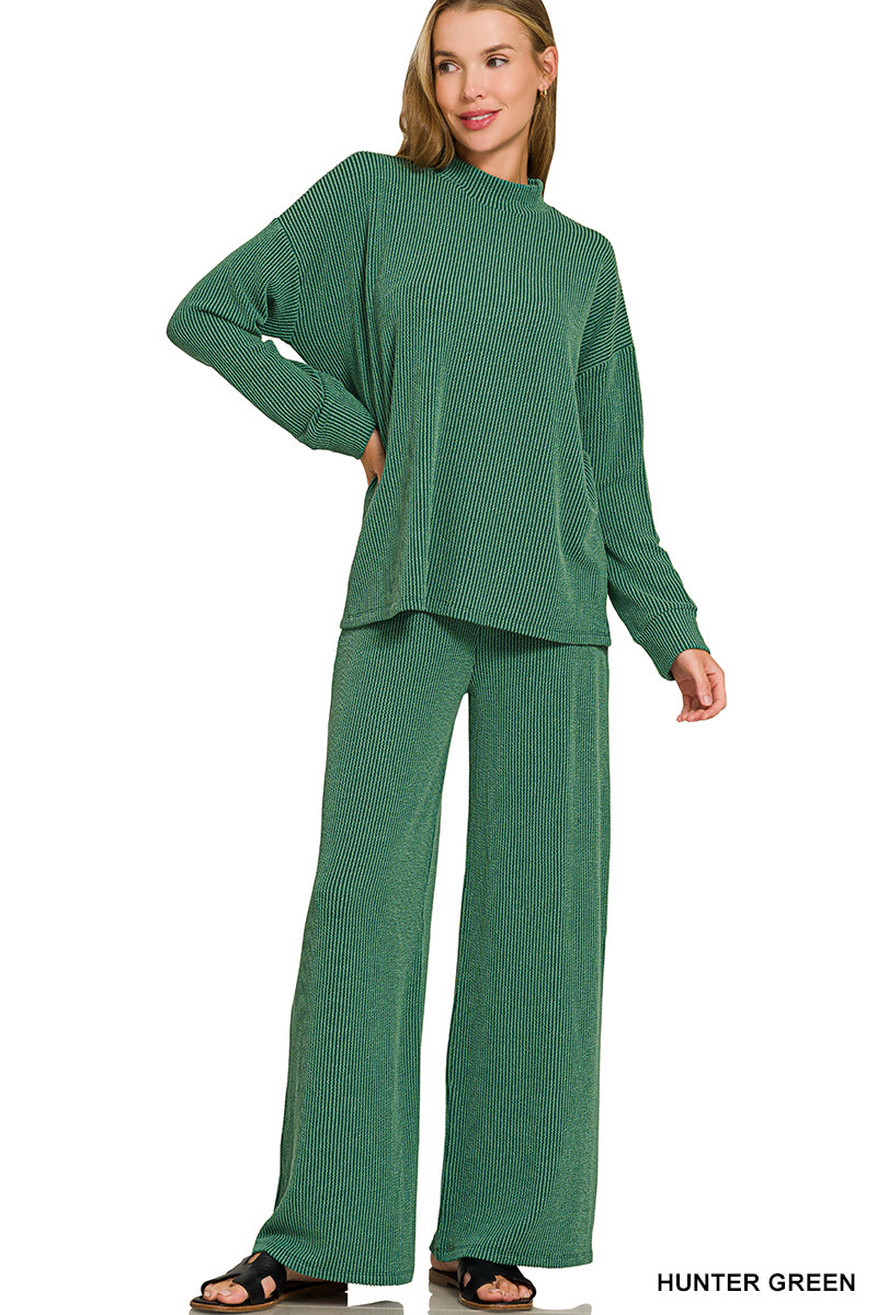 Zenana-RAISED RIB MOCK NECK LONG SLEEVE TEE & PANTS SET