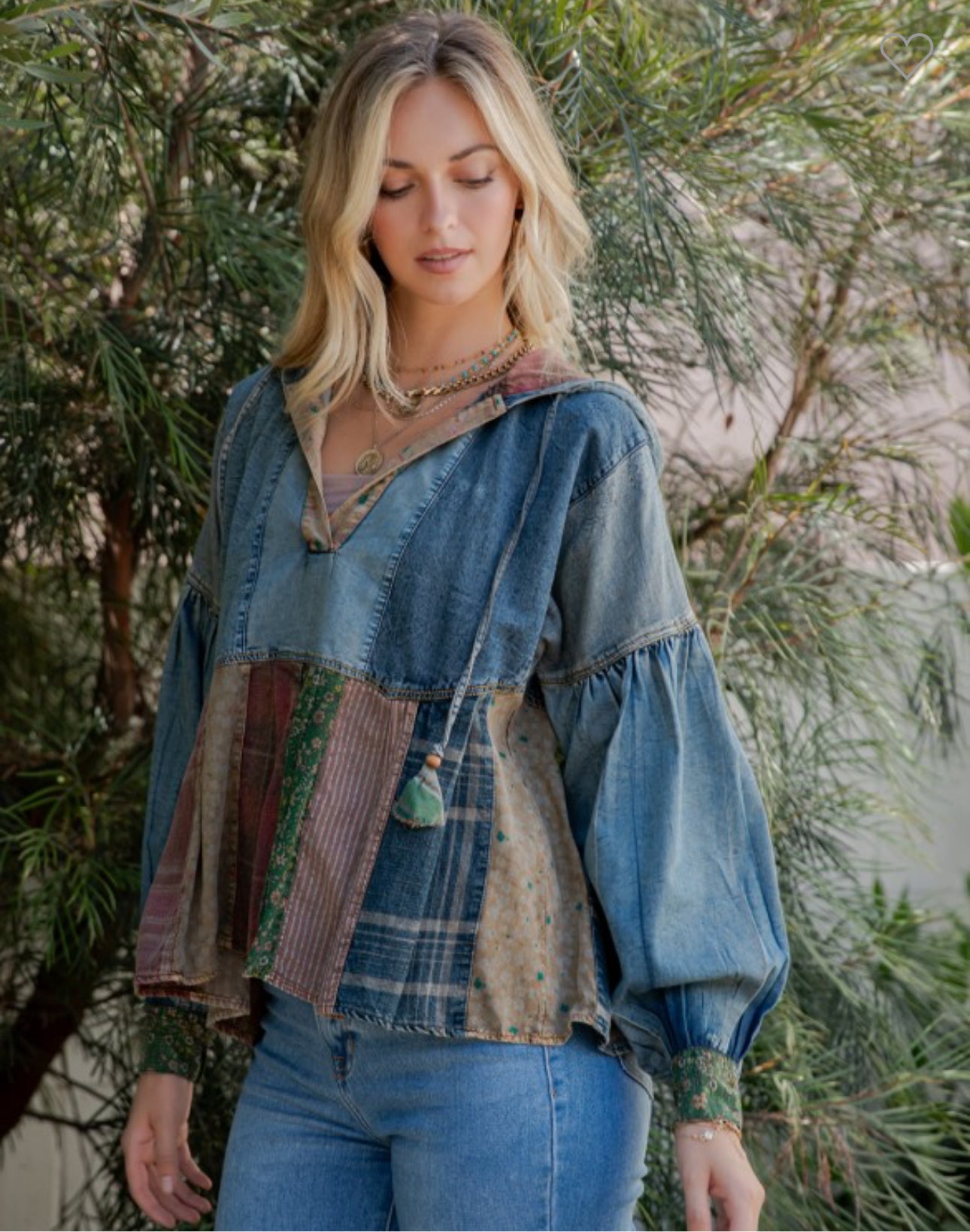 Relaxed Denim Hoodie With Eclectic Plaid Fusion