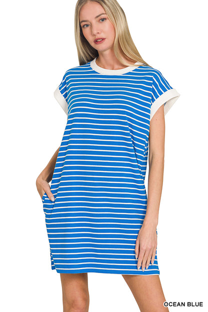 Zenana-STRIPED CONTRAST TRIM RIB BANDED T-SHIRTS DRESS