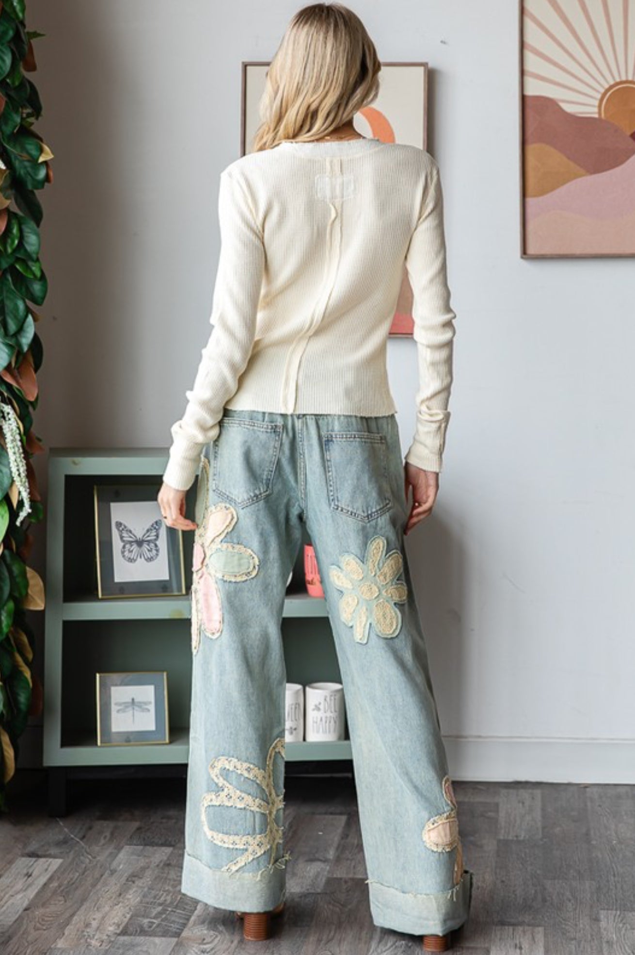 Washed Flower Patch Denim Jeans