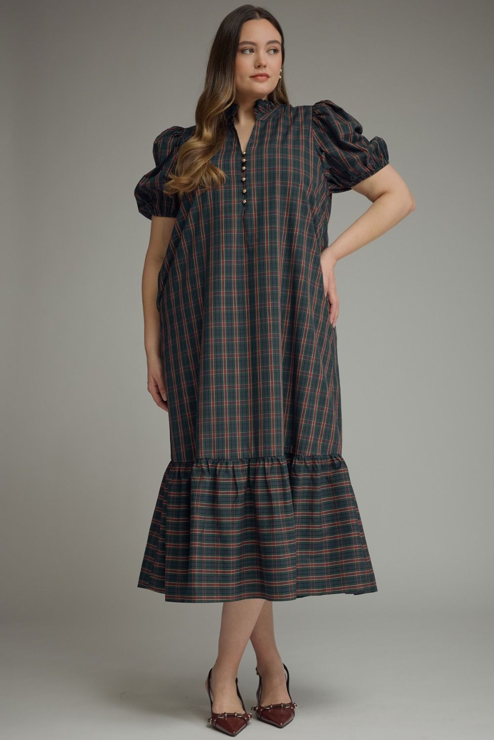 Entro- Plus sized Plaid ¾ balloon sleeve mini dress featuring a stand neck and button closure at front