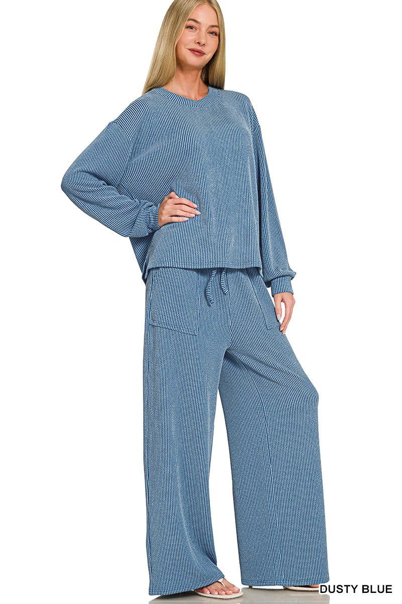 Zenana-Raised Rib pant set w/pockets