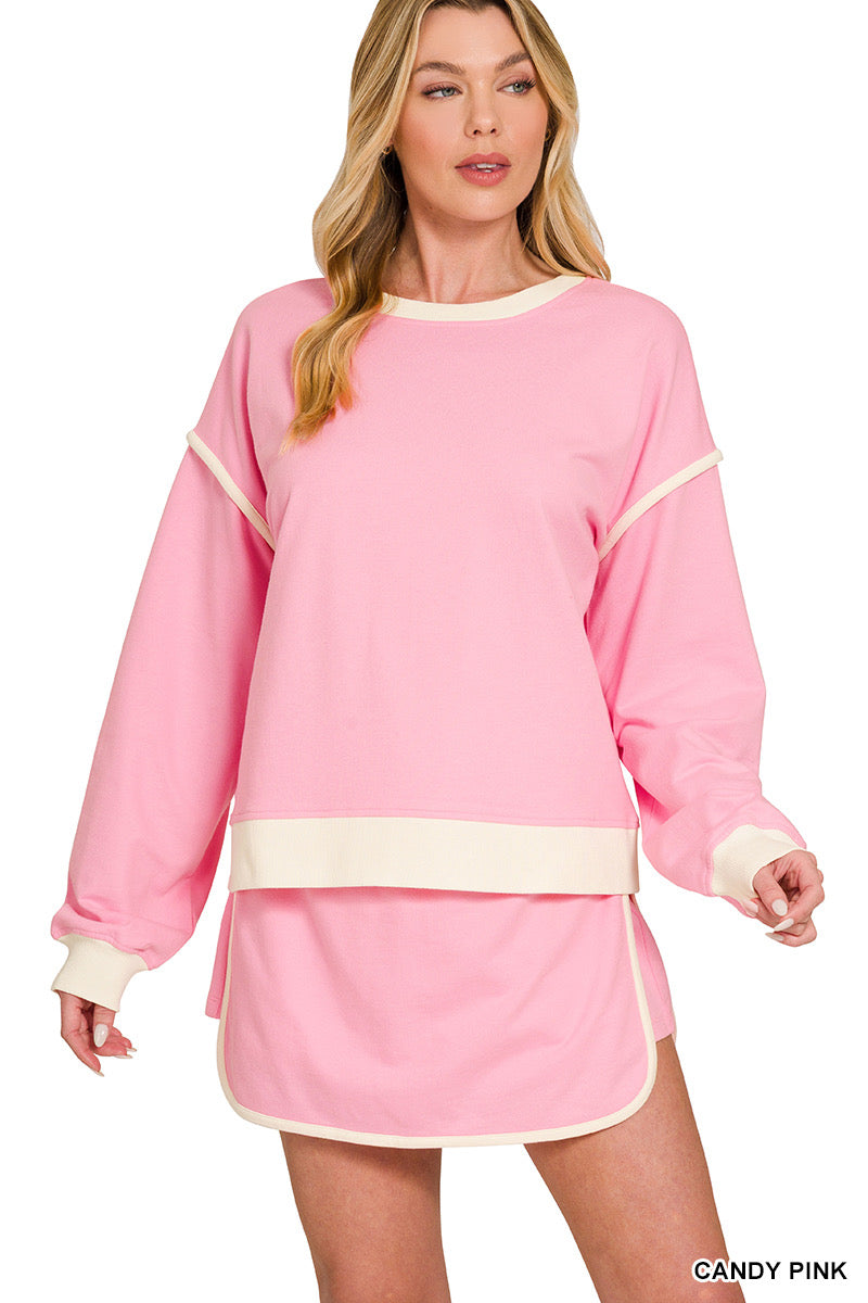 Zenana-FRENCH TERRY DROP SHOULDER PULLOVER & SKORTS SET