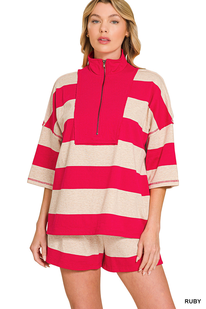 Zenana-TERRY STRIPED HALF ZIP HIGH NECK TOP & SHORTS SET