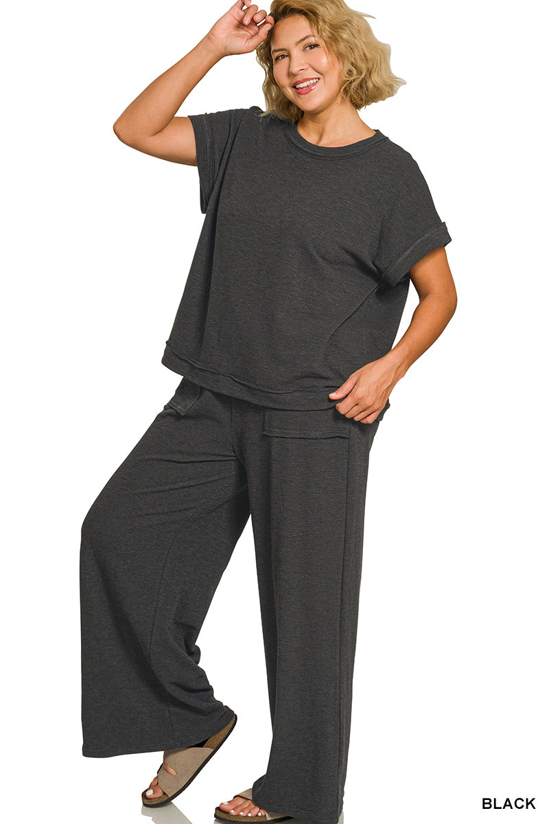 Zenana-PLUS SLUB SHORT SLEEVE TEE & LONG PANTS SET