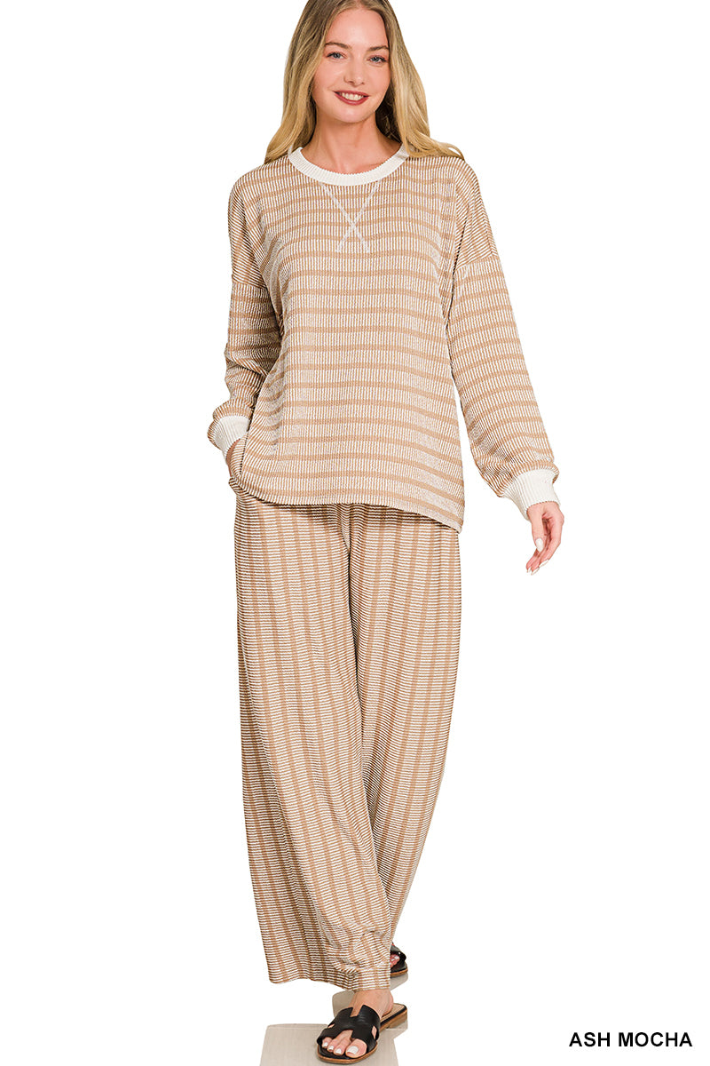 Zenana-RAISED RIB STRIPED PULLOVER & PANTS SET