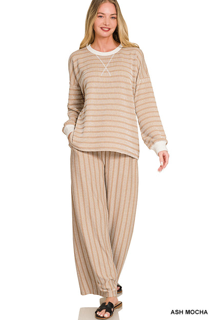 Zenana-RAISED RIB STRIPED PULLOVER & PANTS SET