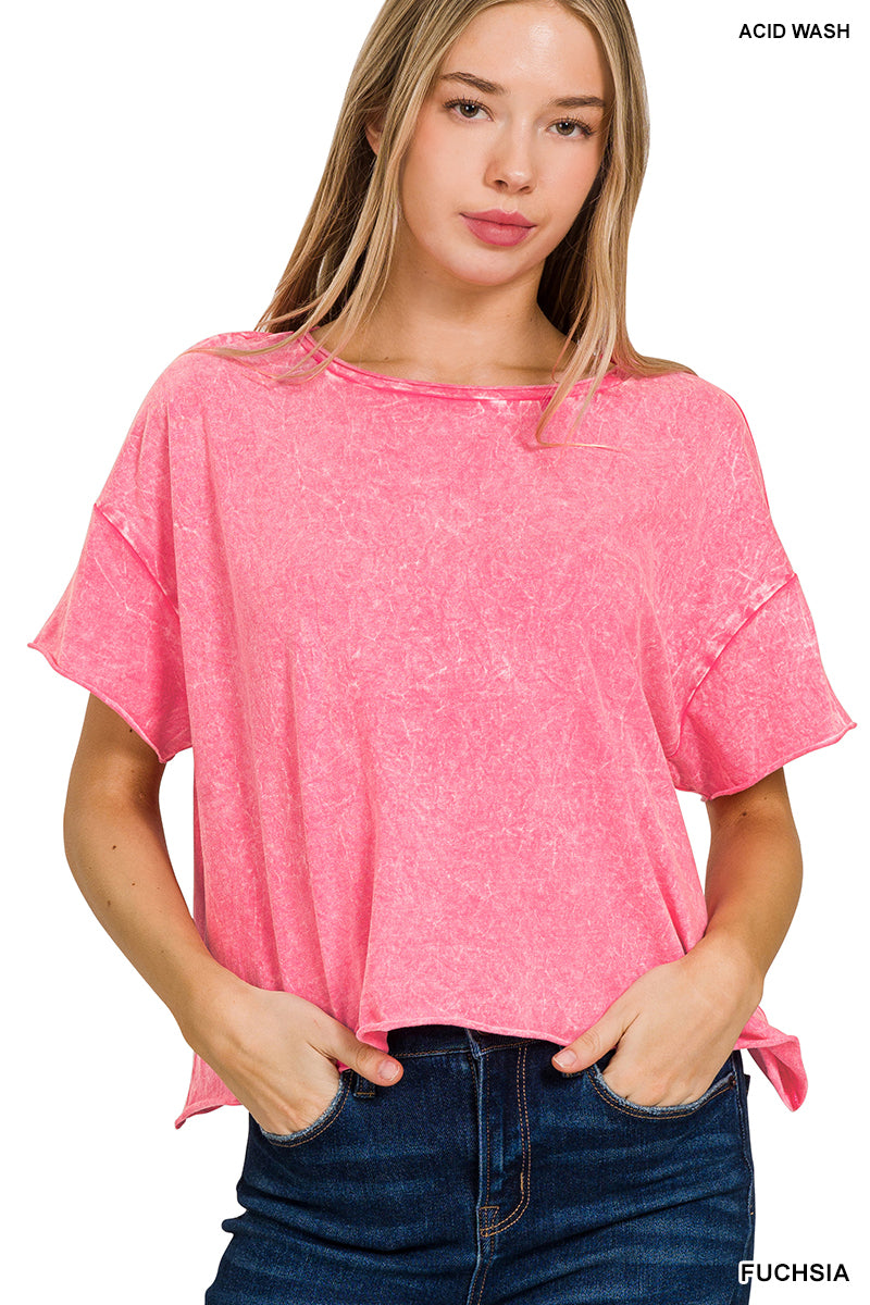 Zenana-CRINKLE WASHED CREW NECK SHORT SLEEVE CROP BOX TEE