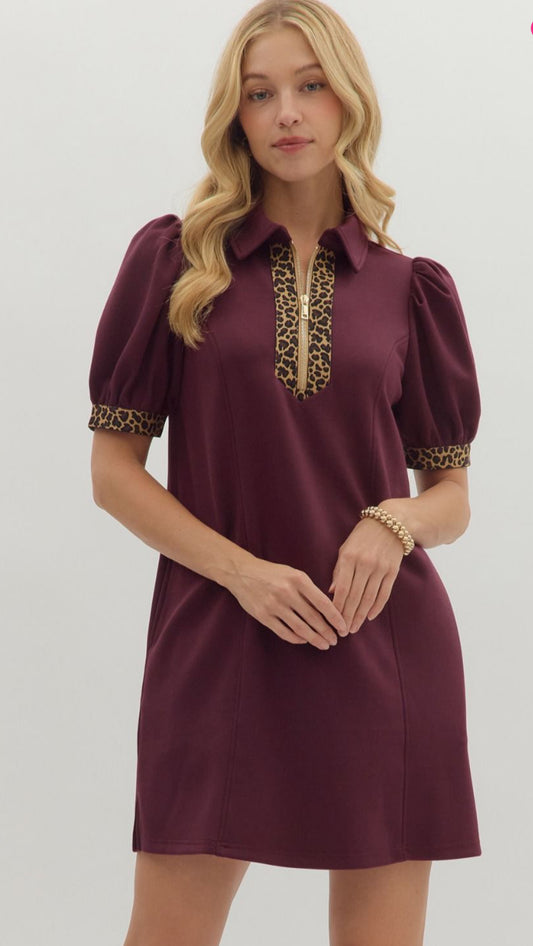 Burgundy Puff Sleeve Mini Dress