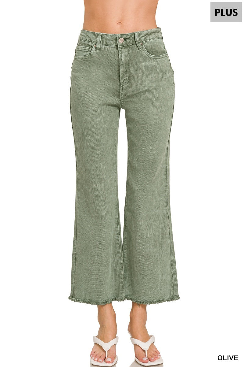 Zenana-PLUS ACID WASHED HIGH WAIST FRAYED HEM BOOTCUT PANTS
