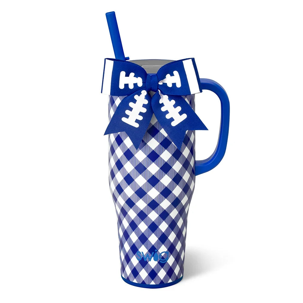 A blue and white gingham patterned insulated tumbler with a handle, a blue straw, and a matching blue bow decorated with white football line details, shown on a white background.