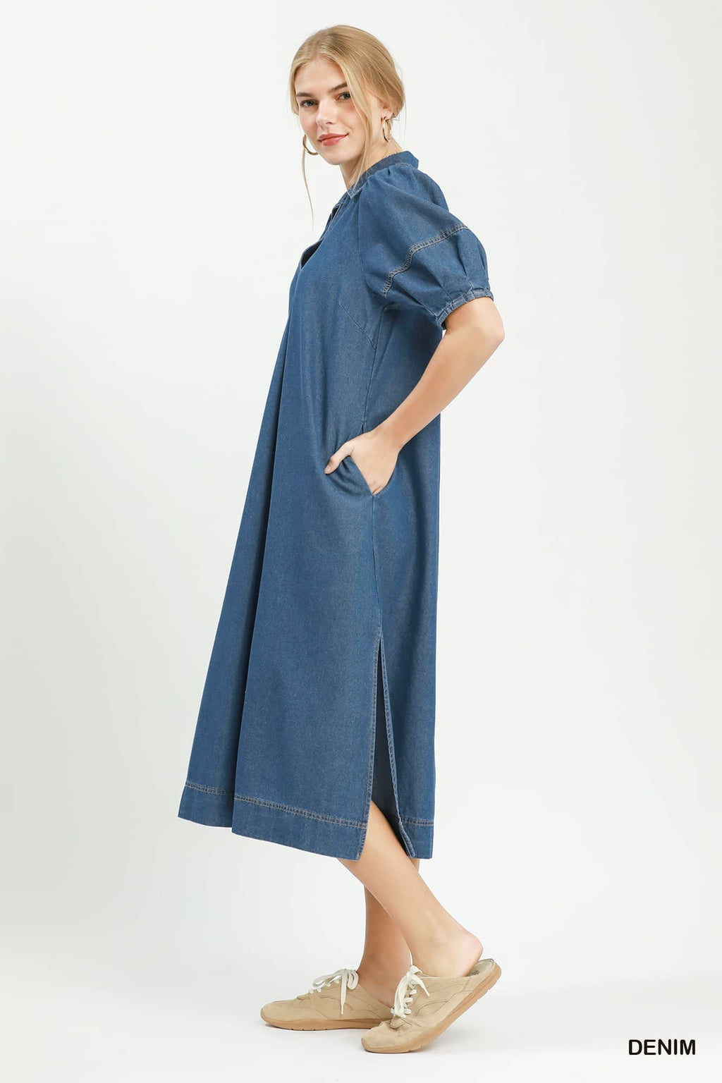 Umgee-Chambray Collared Puff Sleeve Maxi Dress