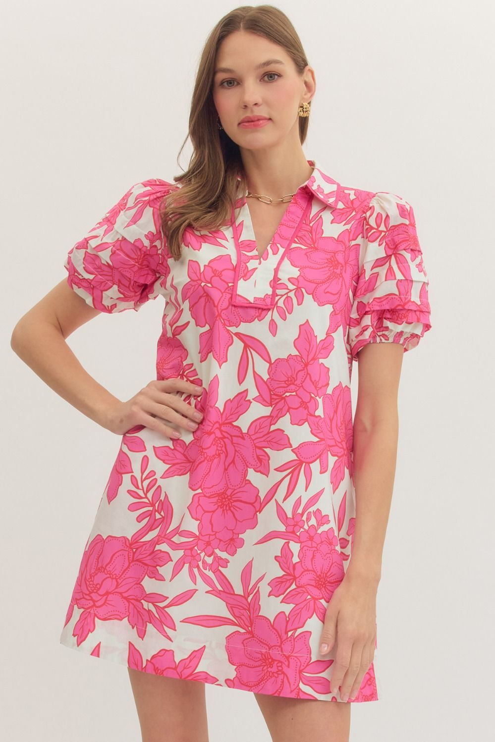 Entro-Floral puff sleeve mini dress featuring contrast binding detail at collar and split V-neck.