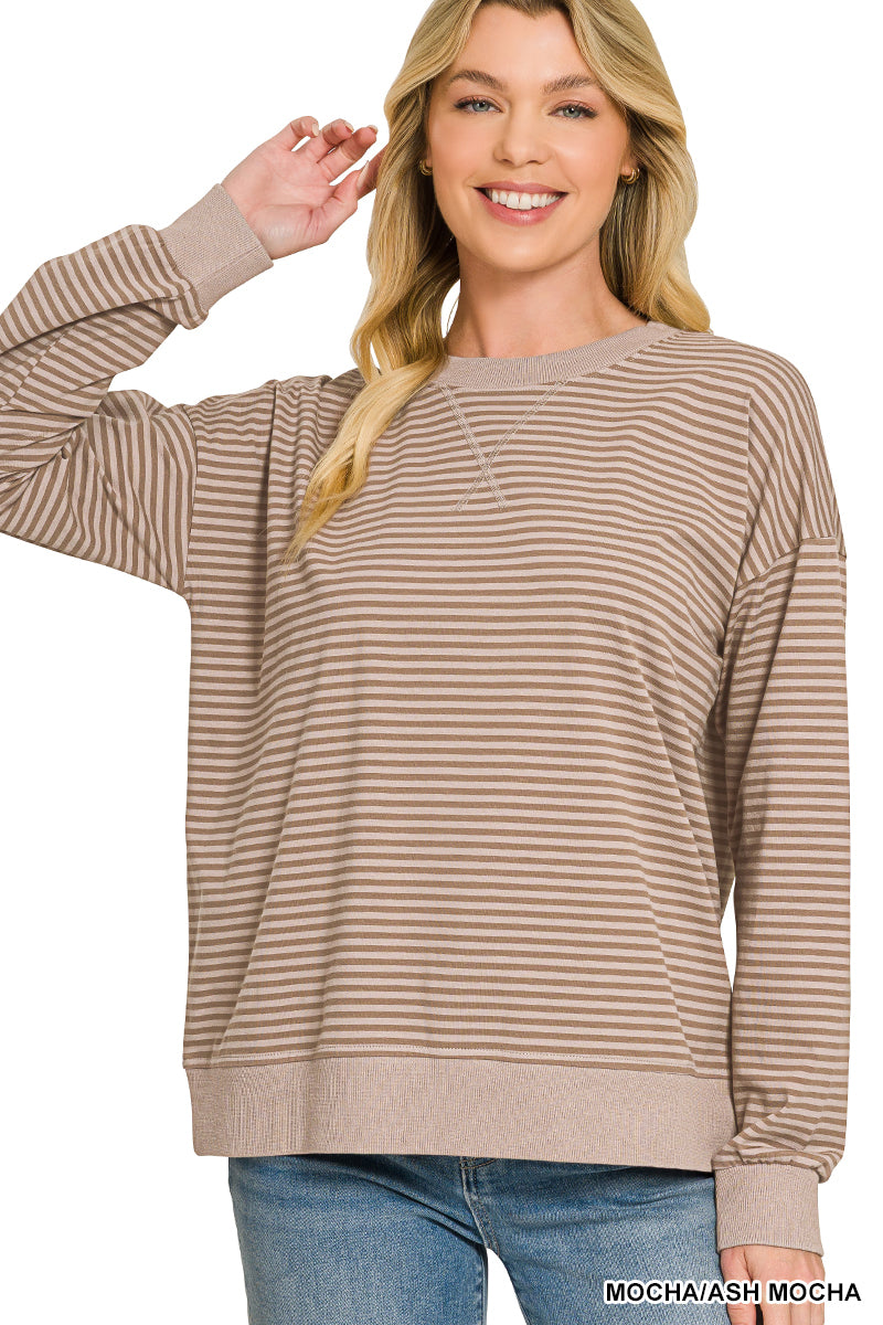 Zenana-STRIPED RIB BANDED PULLOVER