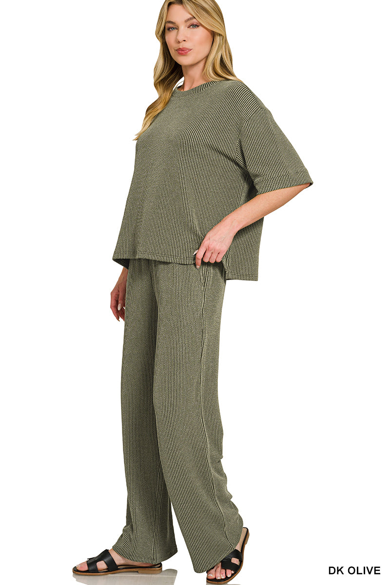 Zenana-RAISED RIB SHORT SLEEVE TEE & PANTS SET