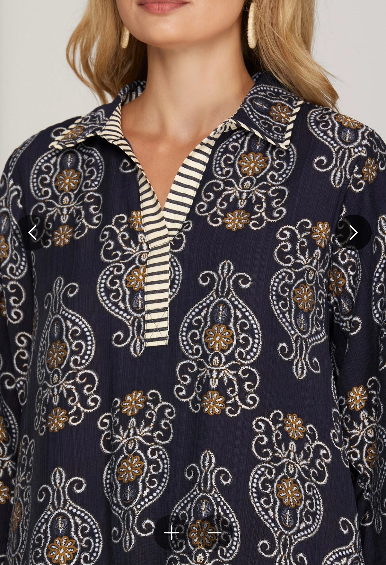 Long sleeve woven print mini dress with contrast detail