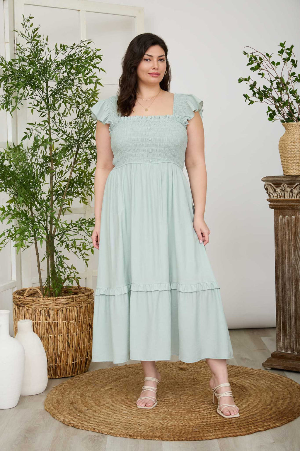 Plus Size Blu Pepper Mock Button Down Ruffle Detail MIDI Dress