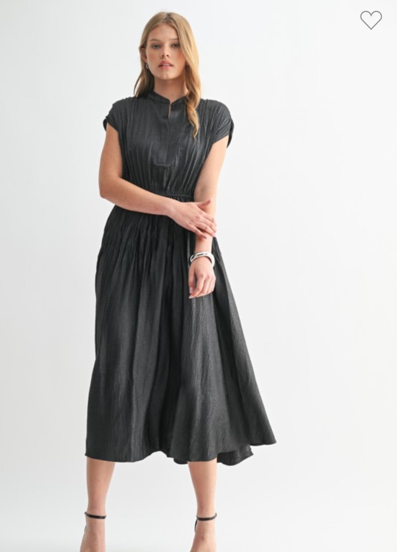 Texture Satin Pleat Drop Shoulder Midi Dress