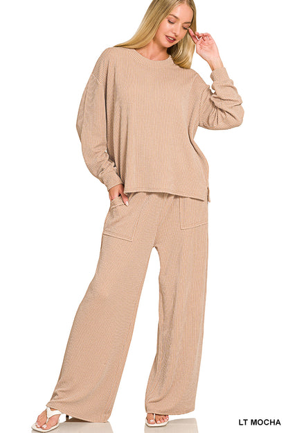 Zenana-Raised Rib pant set w/pockets