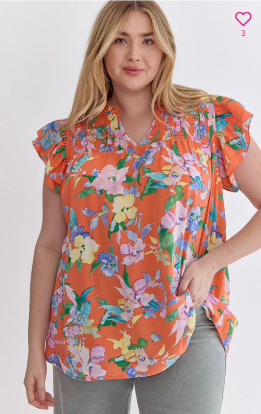 Floral Print V-neck top-Orange