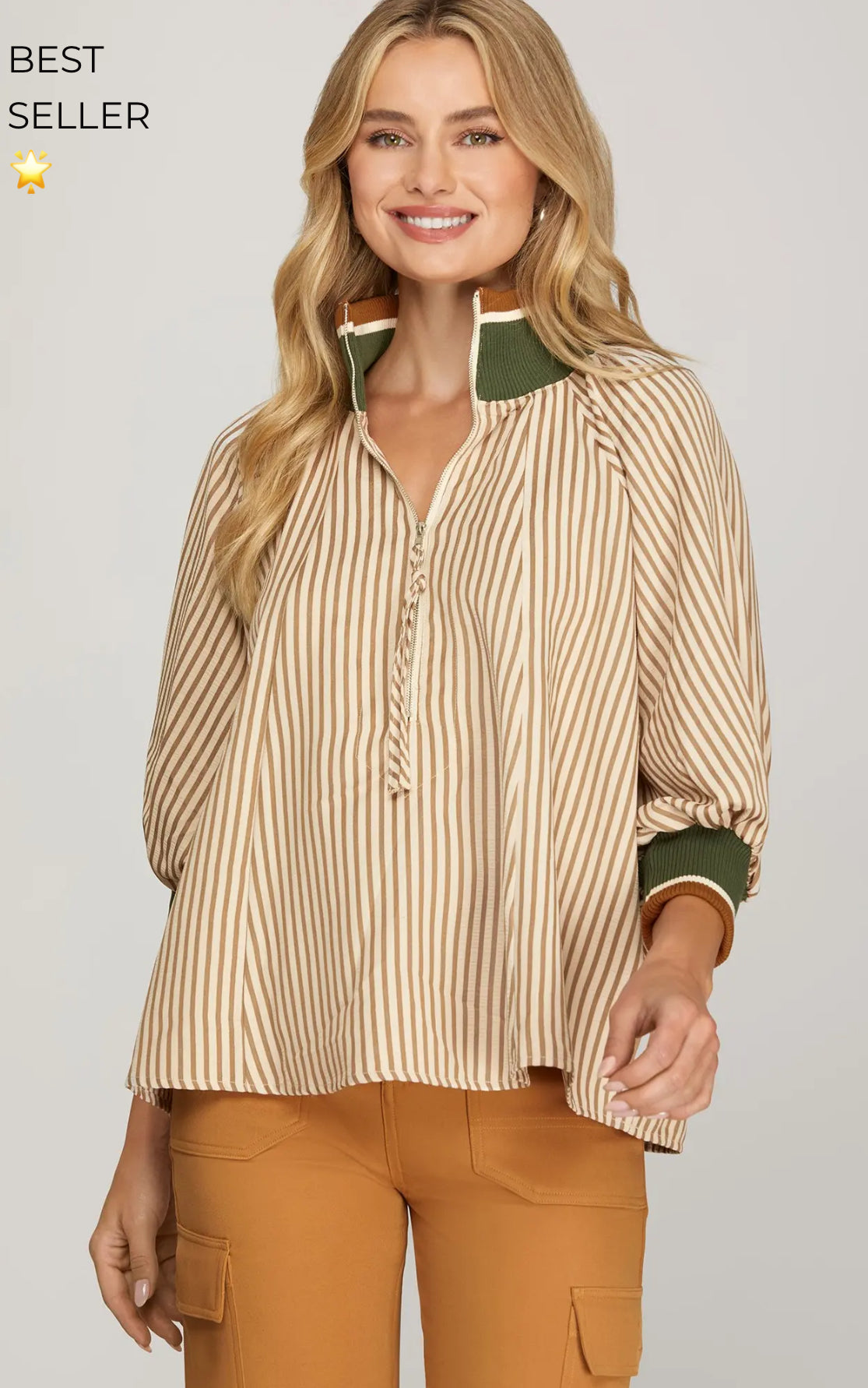 3/4 Sleeve Half Zip Striped Top Blouse - Talk of the Town