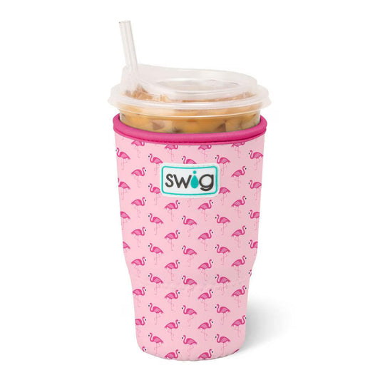 Pink flamingo patterned swig cup sleeve on a white background