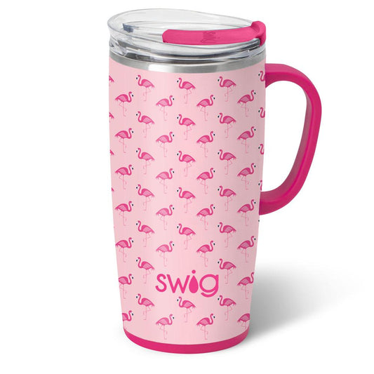 Pink travel mug with flamingo pattern and 'Swig' logo on a white background