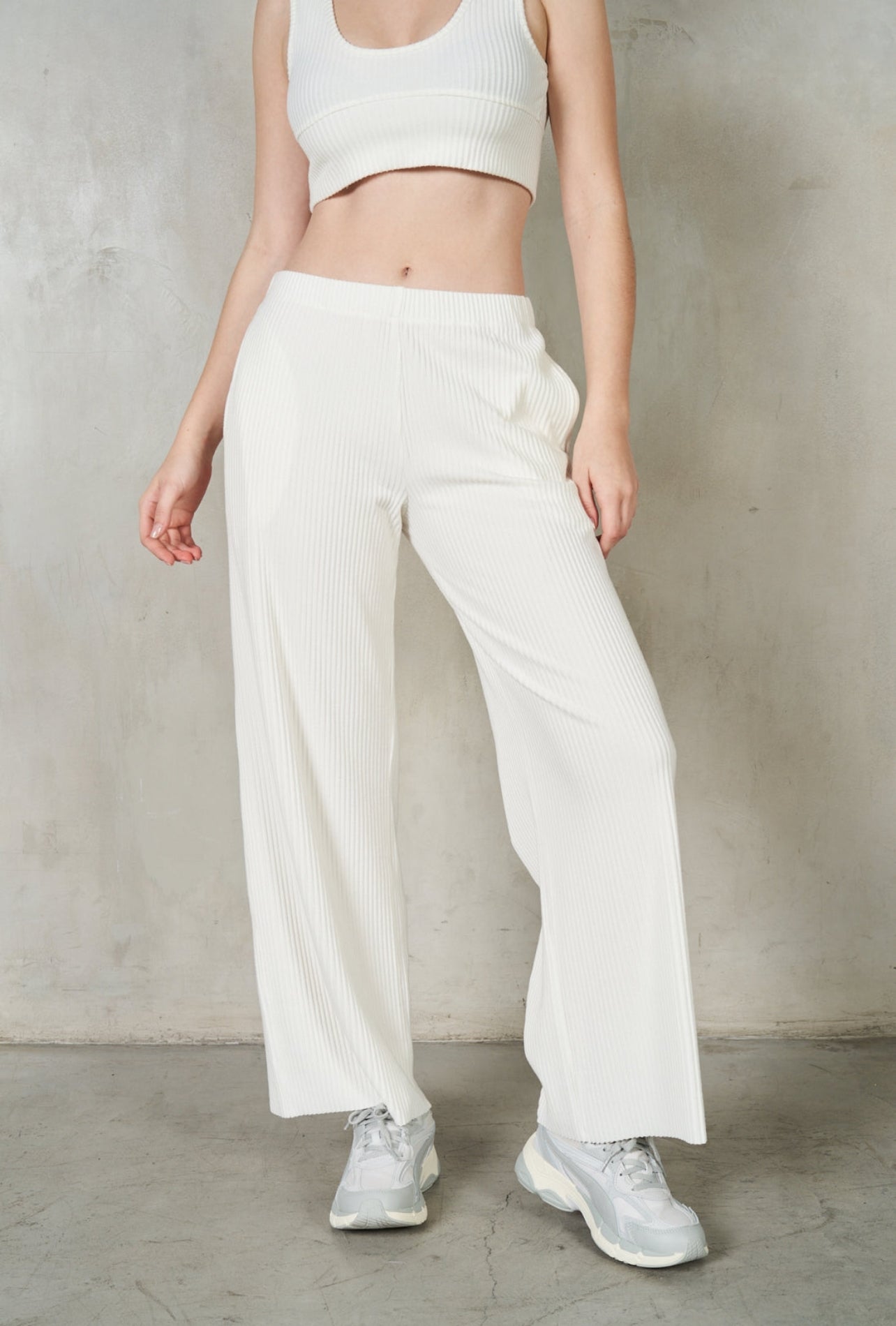 Labiz Ivory Soft Ribbed Wide Leg Pants Set