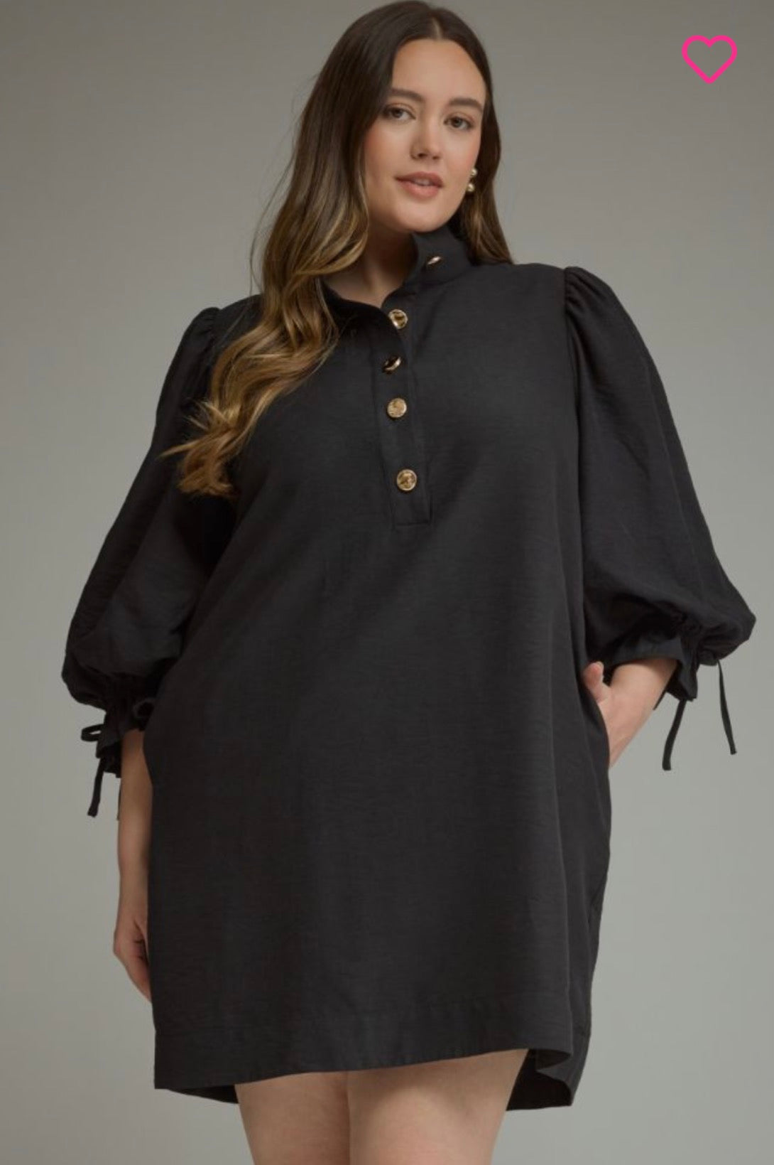 Entro-Solid ¾ balloon sleeve mini dress featuring a stand neck and button closure at front
