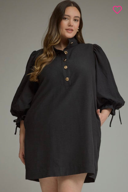 Entro-Solid ¾ balloon sleeve mini dress featuring a stand neck and button closure at front