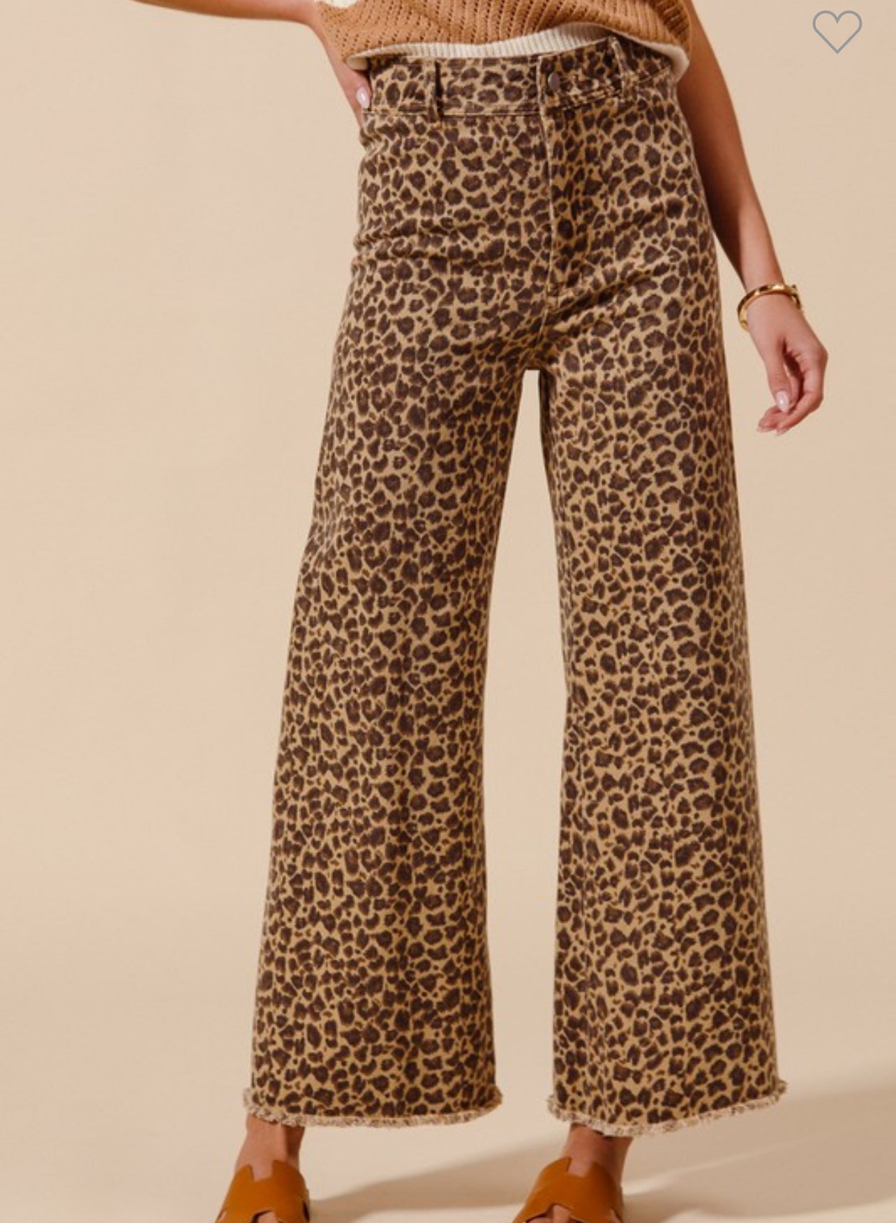 Mid Rise Leopard Twill Denim Frayed Hem Wide Leg Pants