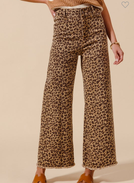 Mid Rise Leopard Twill Denim Frayed Hem Wide Leg Pants