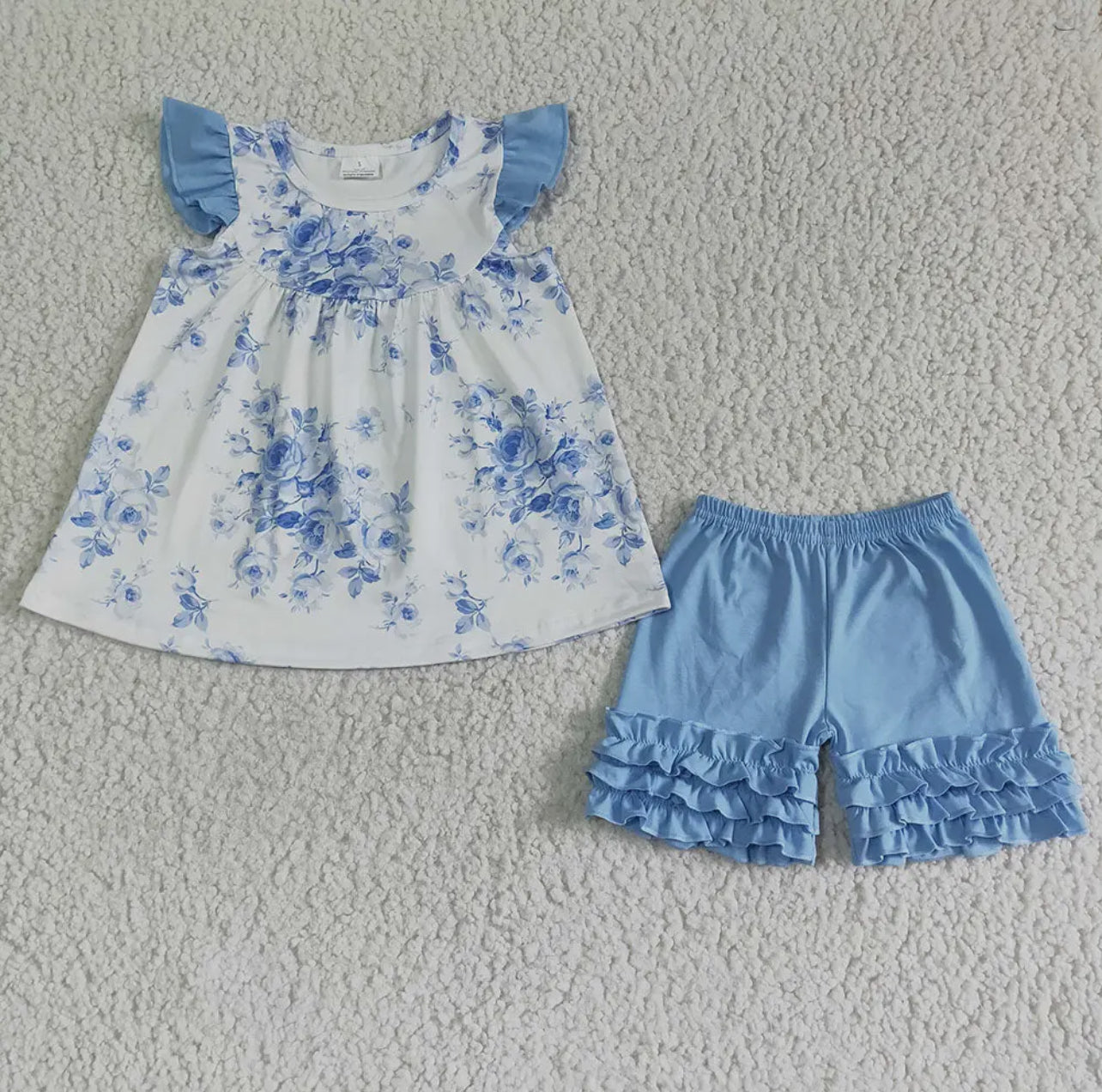 Blue Floral Pearl Ruffle Set