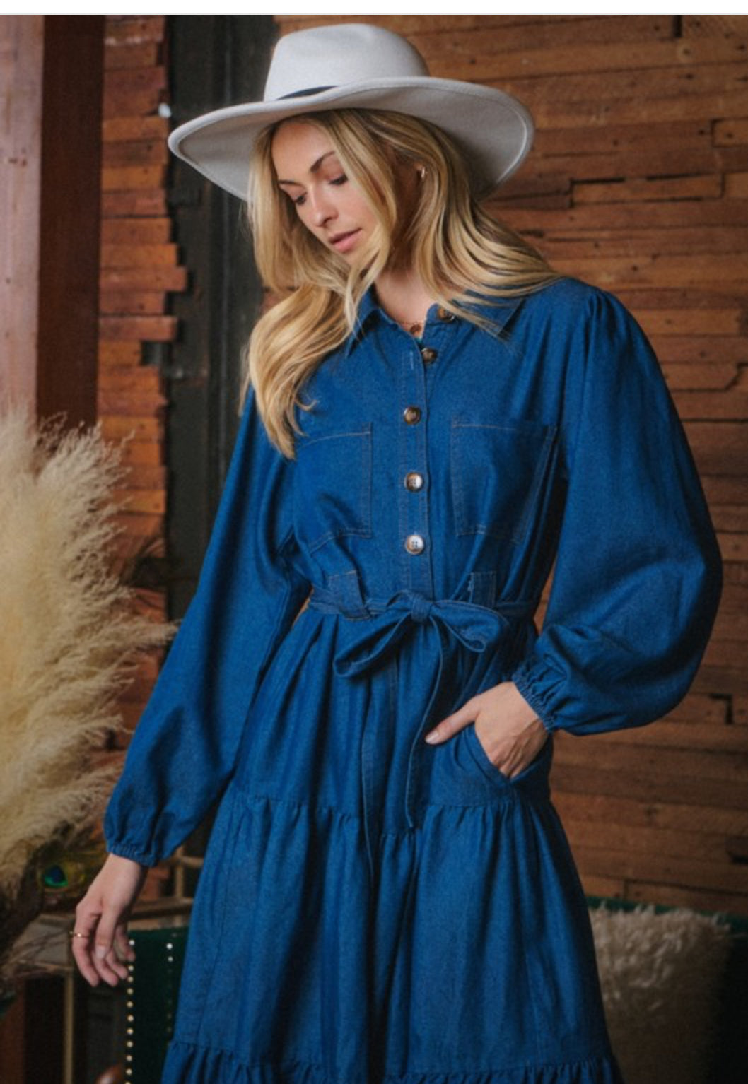 Washed Denim Tiered Midi Dress