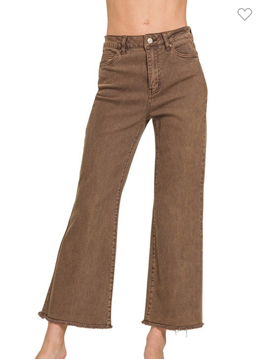 Acid Washed High Waisted Frayed Hem Straight Pants