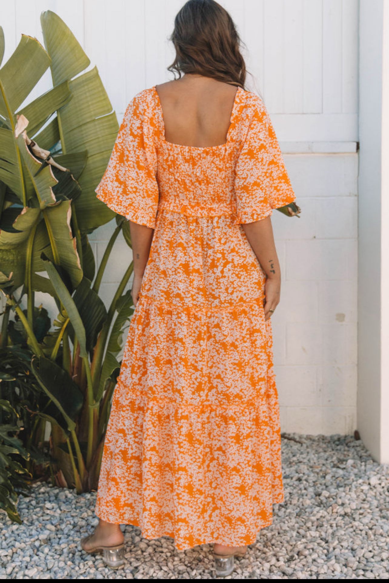 Orange Floral Smocked V Neck Dress