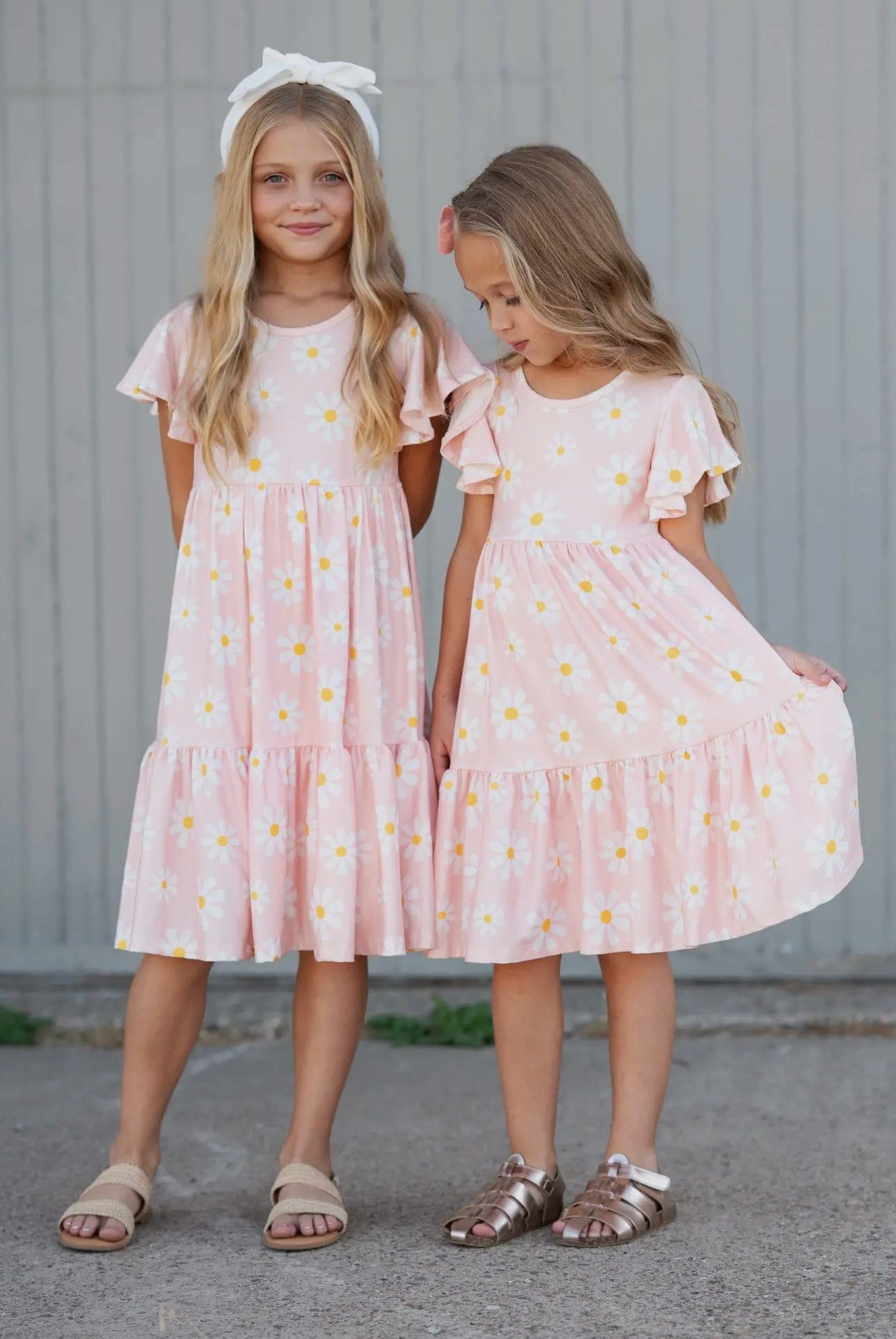 Girls Emma Pink Spring Daisy Flutter Sleeve Twirl Dress