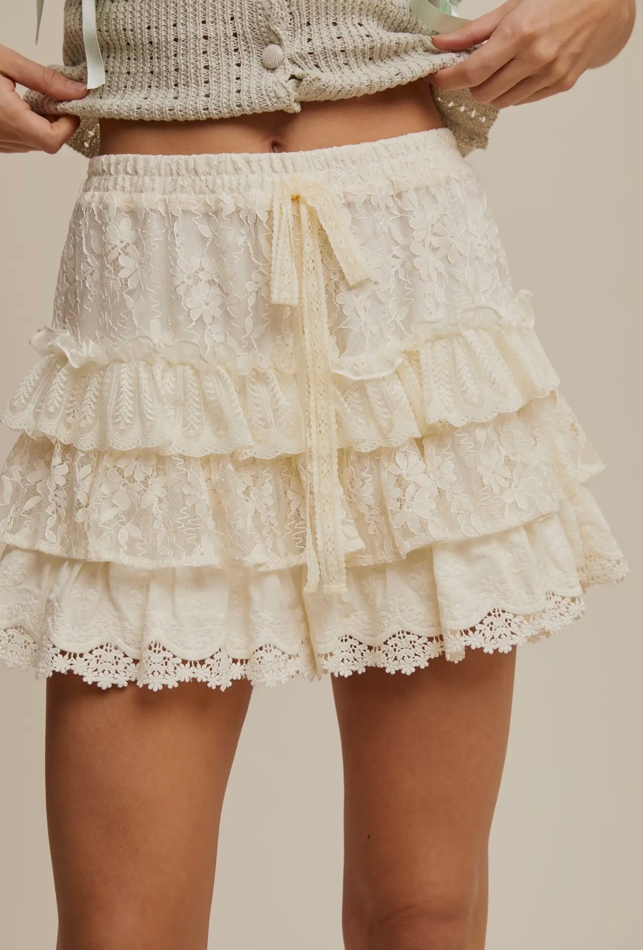 Lace Tiered Shorts With Ruffle Details