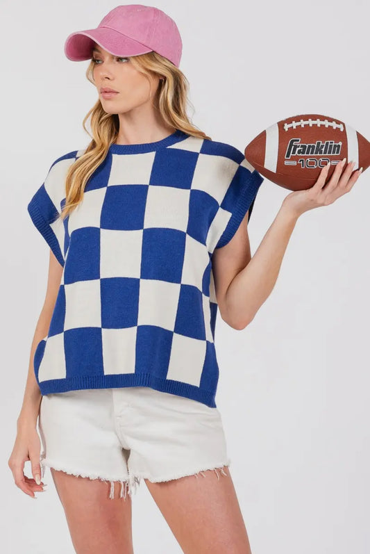 Checkered Knit Sleeveless Sweater Game Day Top