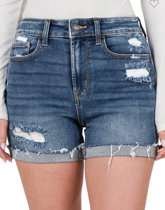 Zenana Distrssed Cuffed Raw Hem Shorts