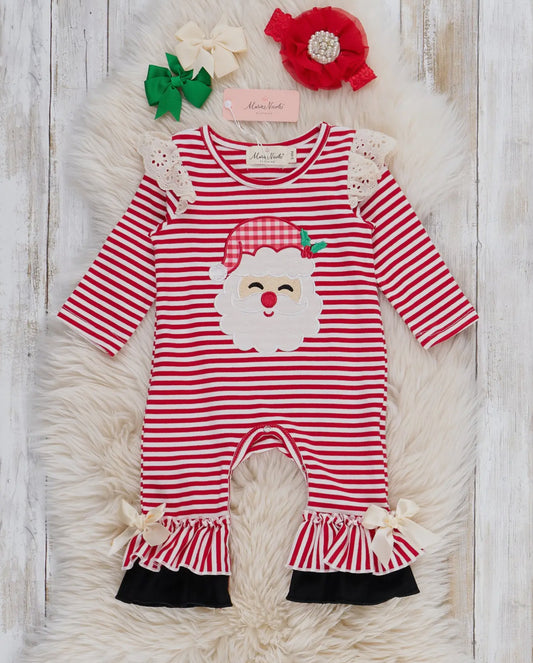 Striped Santa Embroidered Romper with Ribbon