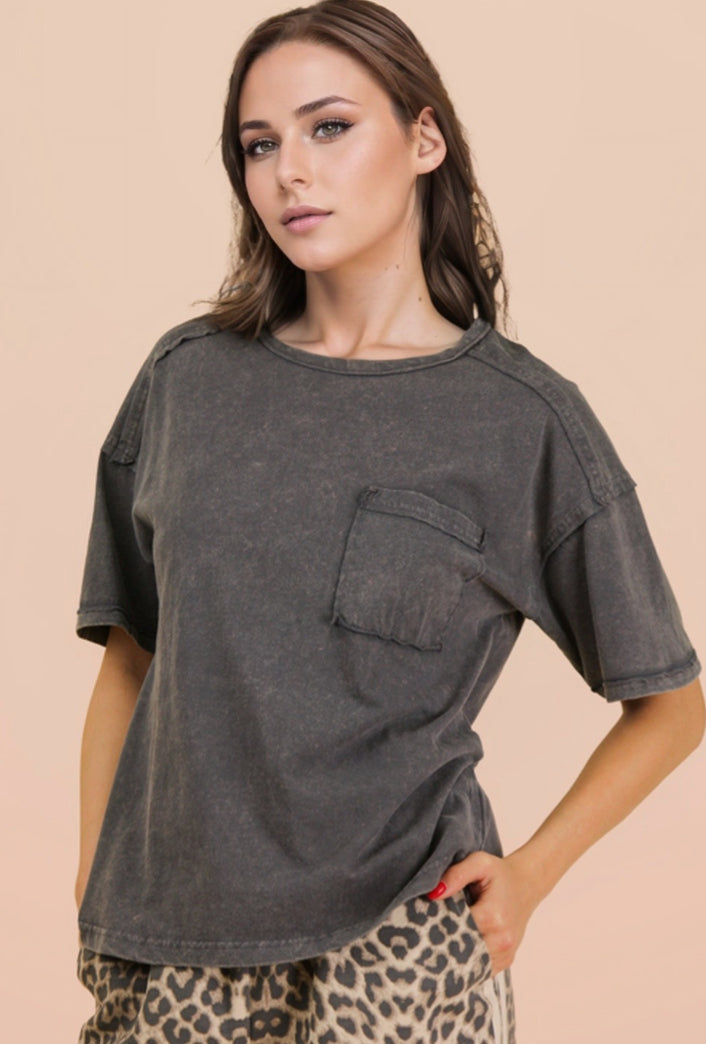 Charcoal Mineral Wash Pocket Top